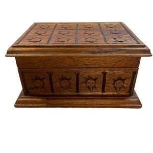 Vintage Handcarved Wooden Jewelry Trinket Keepsake Box Velvet Lined Sun Motif
